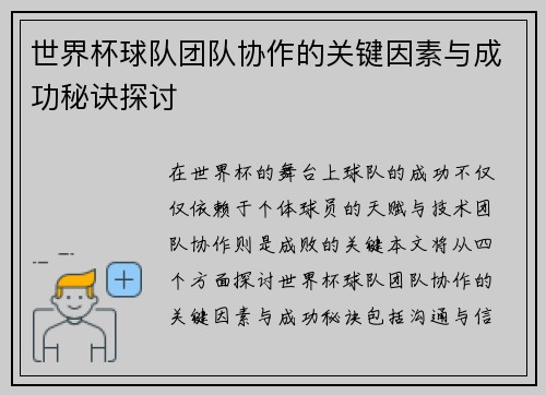 世界杯球队团队协作的关键因素与成功秘诀探讨